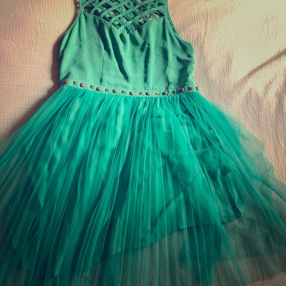 English Rose teal tea party dress with lattice top